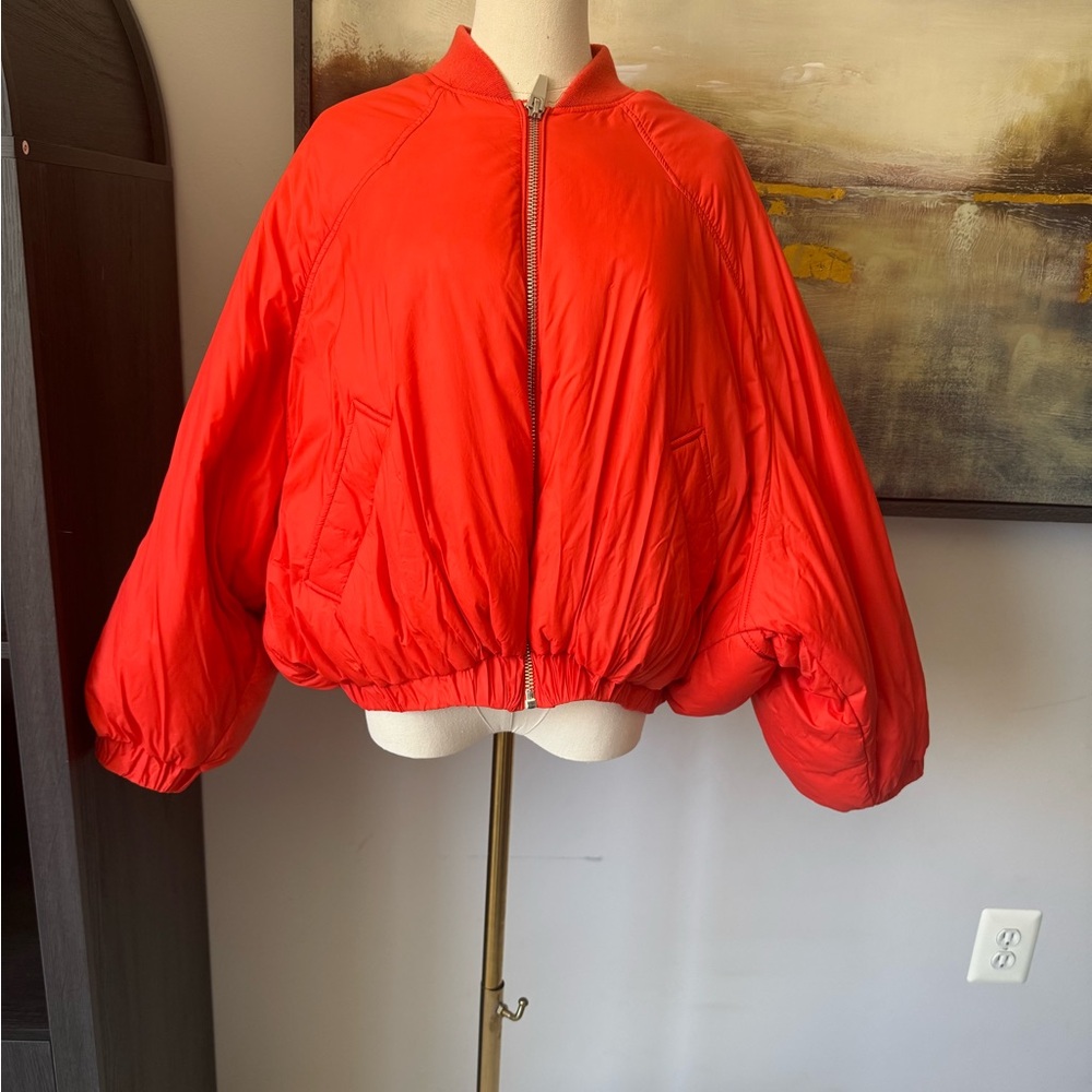 Zara Red Bomber Jacket with Oversized Fit and Stand-Up Collar